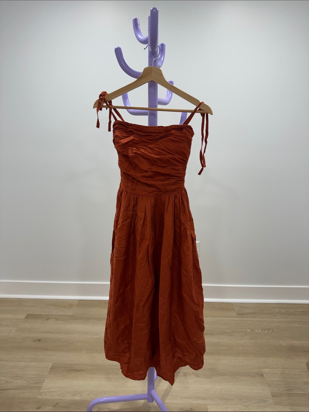 Rust Red Tie-Shoulder Midi Dress